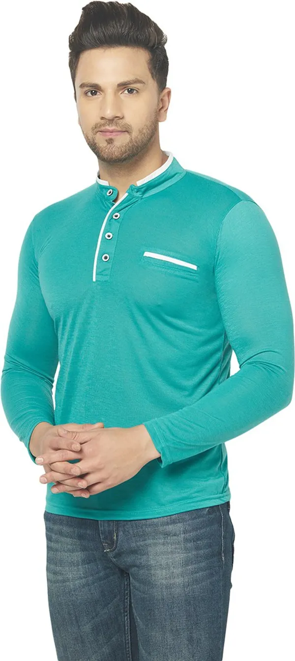 Light_Green_Cotton_Solid_Henley_Neck_Regukar_Fit_T-Shirt_For_Men