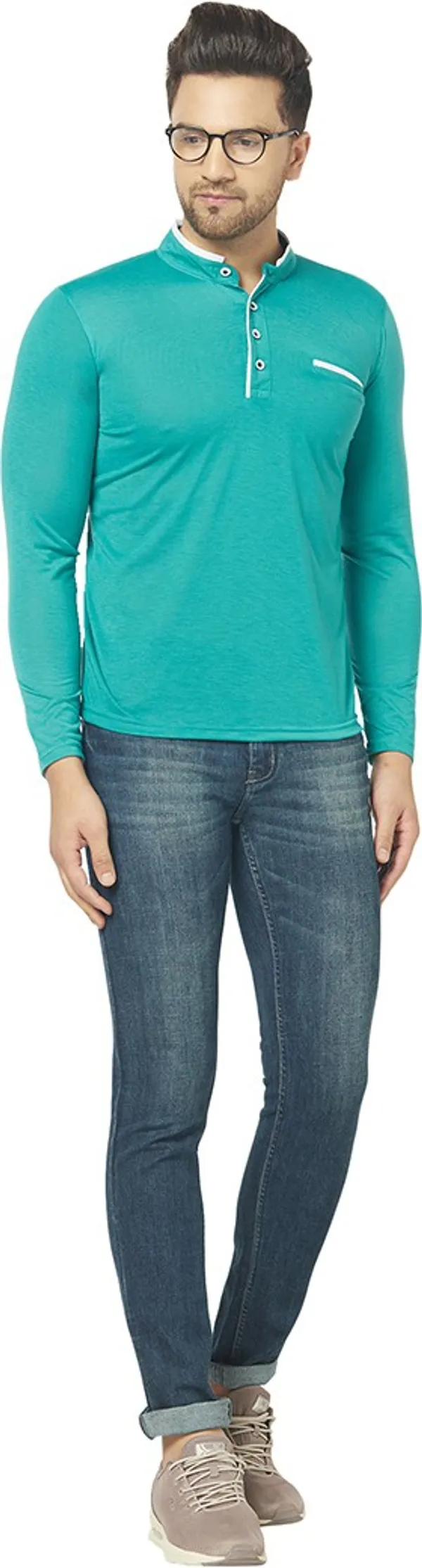 Light_Green_Cotton_Solid_Henley_Neck_Regukar_Fit_T-Shirt_For_Men