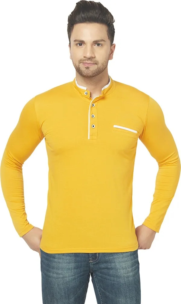 Yellow_Cotton_Solid_Henley_Neck_Regukar_Fit_T-Shirt_For_Men