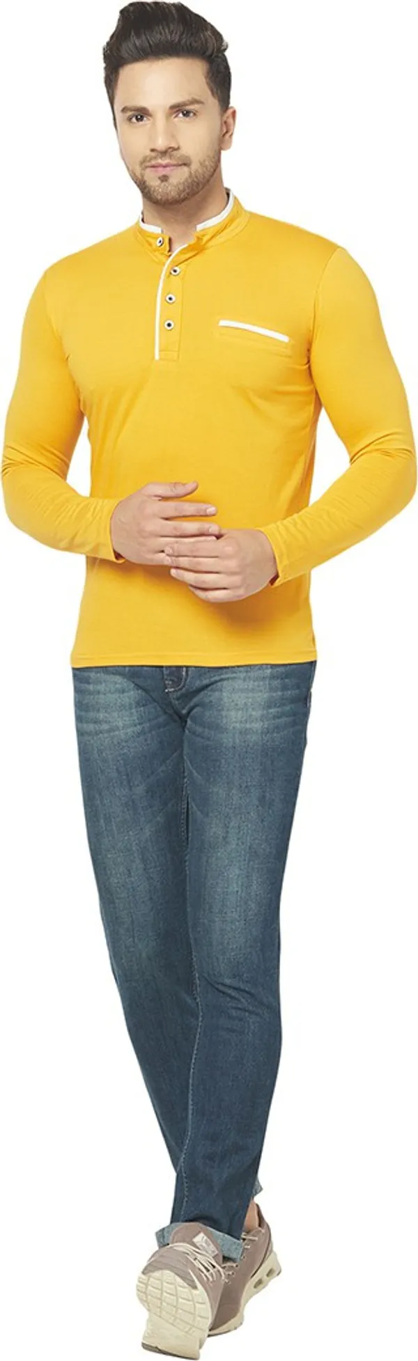 Yellow_Cotton_Solid_Henley_Neck_Regukar_Fit_T-Shirt_For_Men