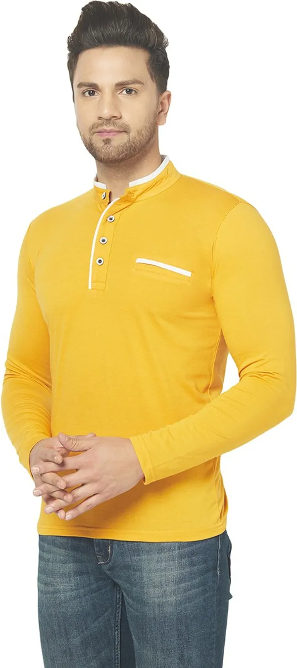 Yellow_Cotton_Solid_Henley_Neck_Regukar_Fit_T-Shirt_For_Men