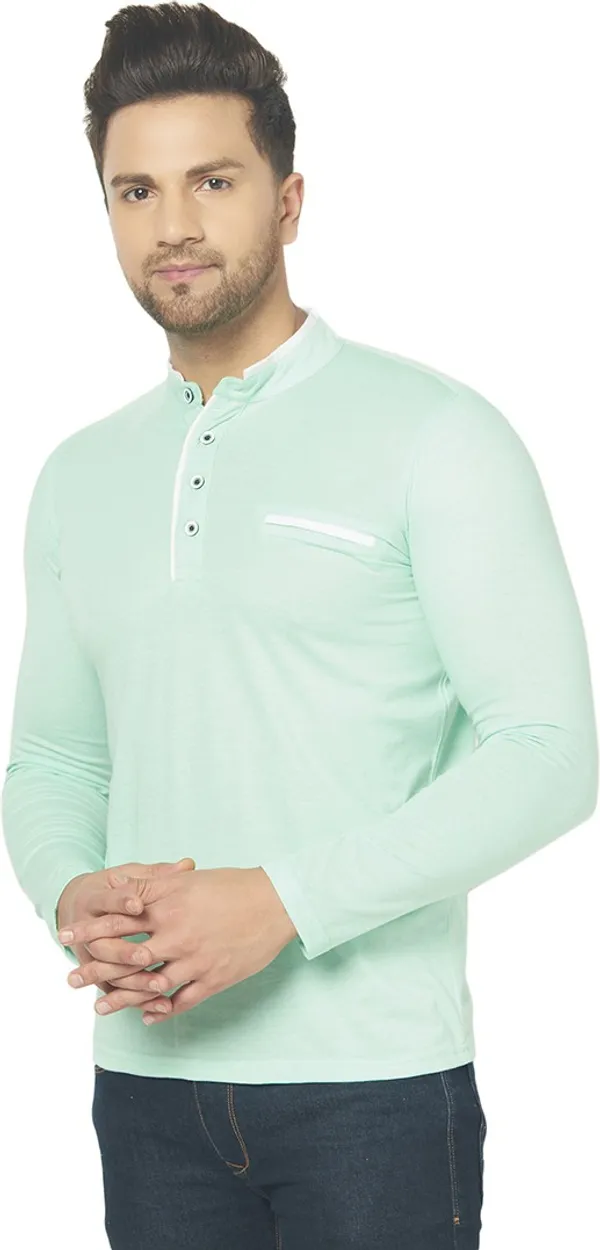 Light_Green_Cotton_Solid_Mandarin_Collar_Regukar_Fit_T-Shirt_for_men