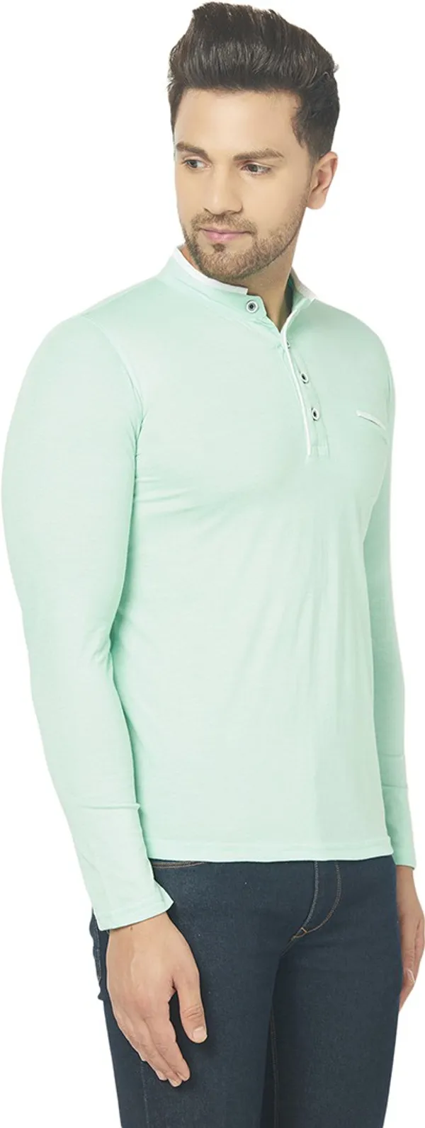 Light_Green_Cotton_Solid_Mandarin_Collar_Regukar_Fit_T-Shirt_for_men