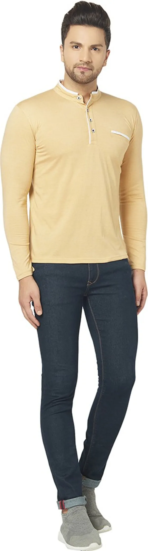 Beige_Cotton_Solid_Henley_Neck_Regukar_Fit_T-Shirt_For_Men