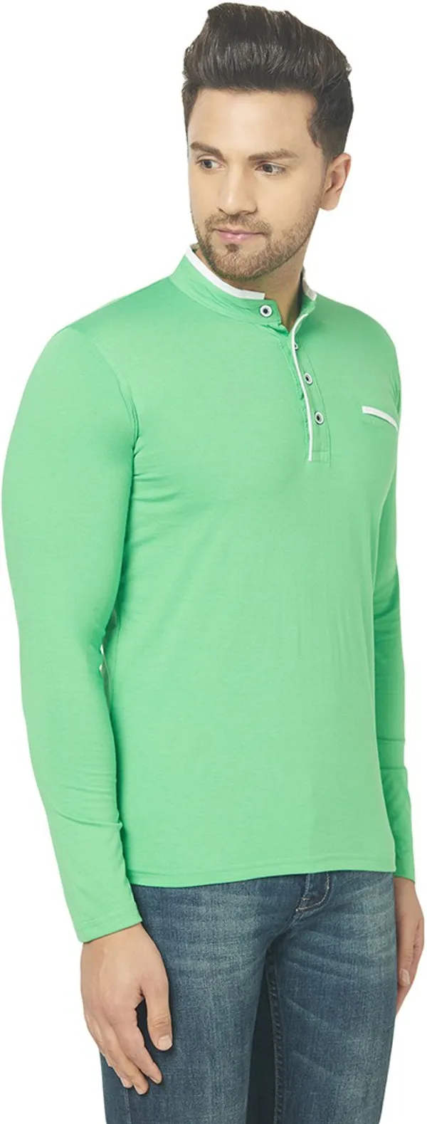 Green_Cotton_Solid_Henley_Neck_Regukar_Fit_T-Shirt_For_Men