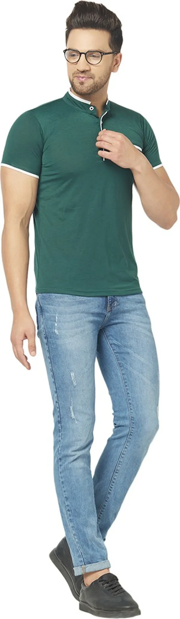 Dark_Green_Cotton_Solid_Henley_Neck_Regukar_Fit_T-Shirt_For_Men