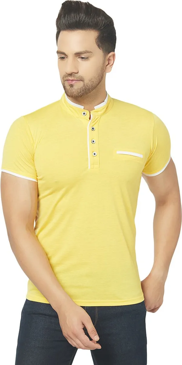 Yellow_Cotton_Solid_Henley_Neck_Regukar_Fit_T-Shirt_For_Men