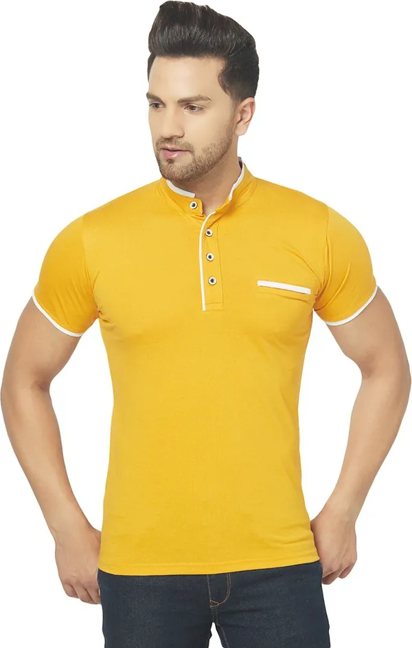 Yellow_Cotton_Solid_Henley_Neck_Regukar_Fit_T-Shirt_For_Men