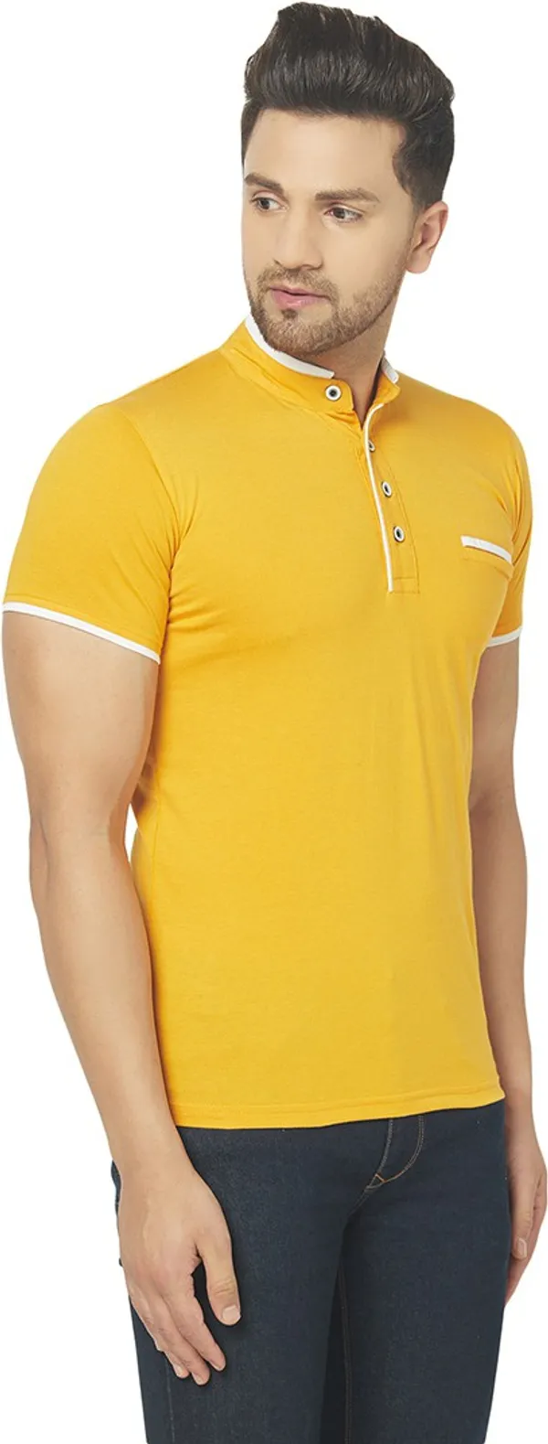 Yellow_Cotton_Solid_Henley_Neck_Regukar_Fit_T-Shirt_For_Men