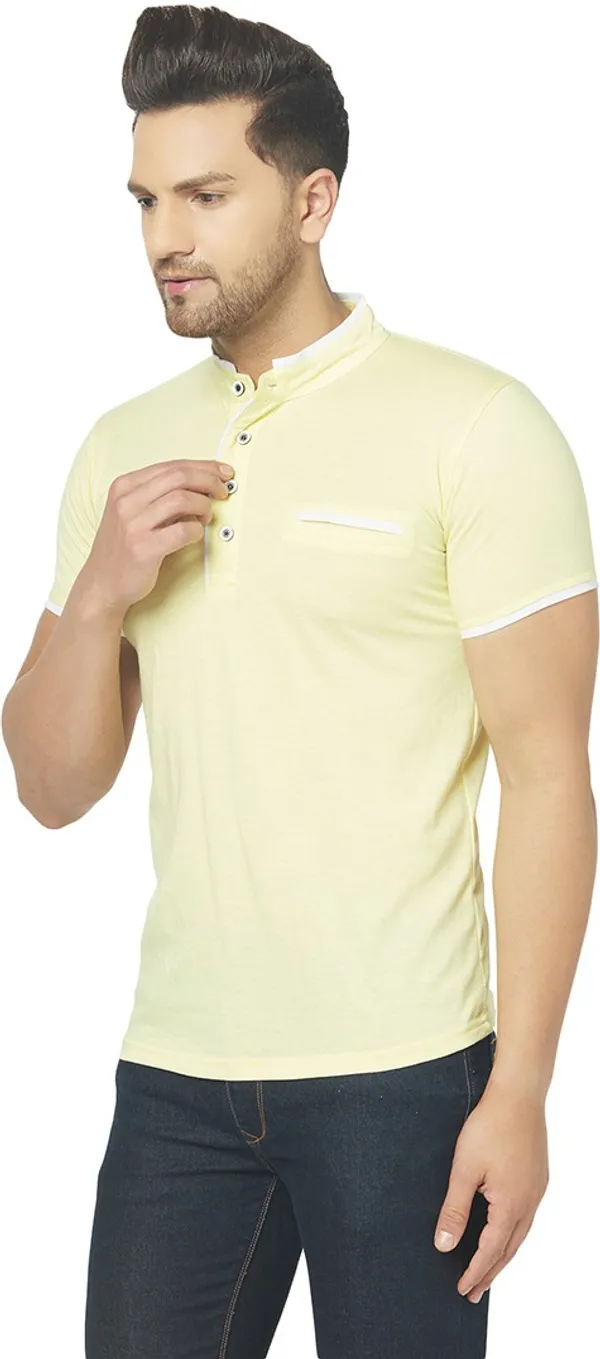 Yellow_Cotton_Solid_Henley_Neck_Regukar_Fit_T-Shirt_For_Men