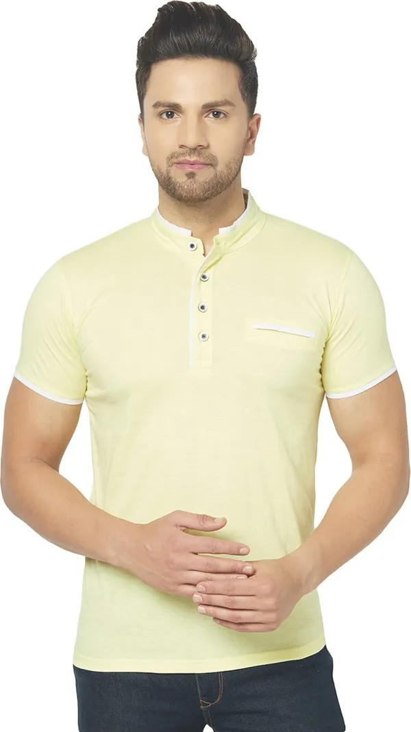 Yellow_Cotton_Solid_Henley_Neck_Regukar_Fit_T-Shirt_For_Men