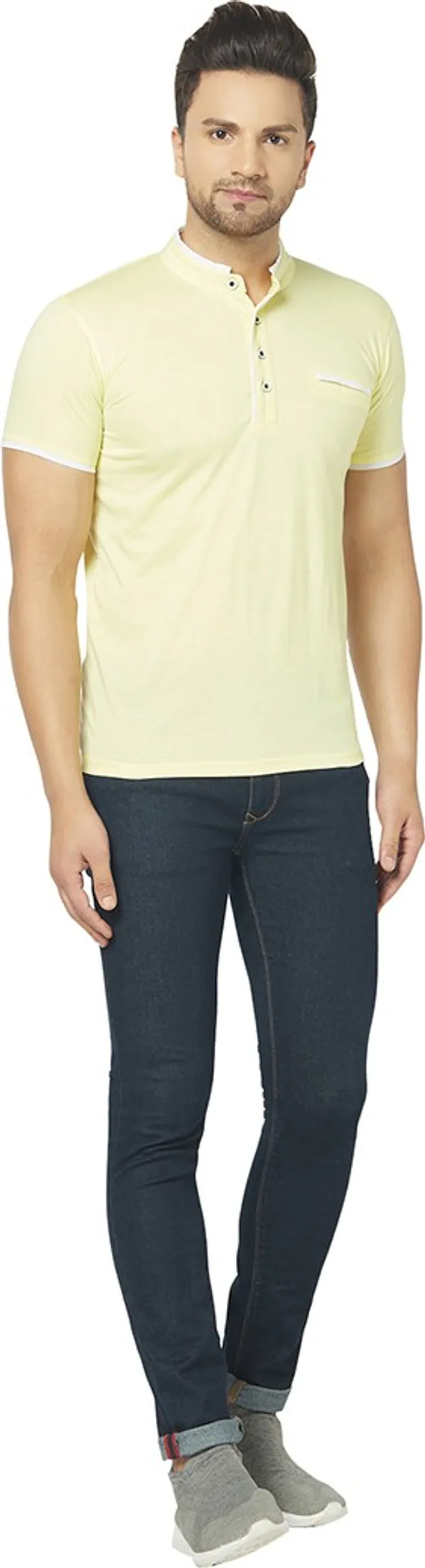 Yellow_Cotton_Solid_Henley_Neck_Regukar_Fit_T-Shirt_For_Men