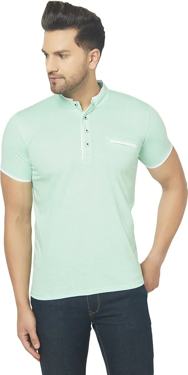 Light_Green_Cotton_Solid_Mandarin_Collar_Regukar_Fit_T-Shirt_For_Men