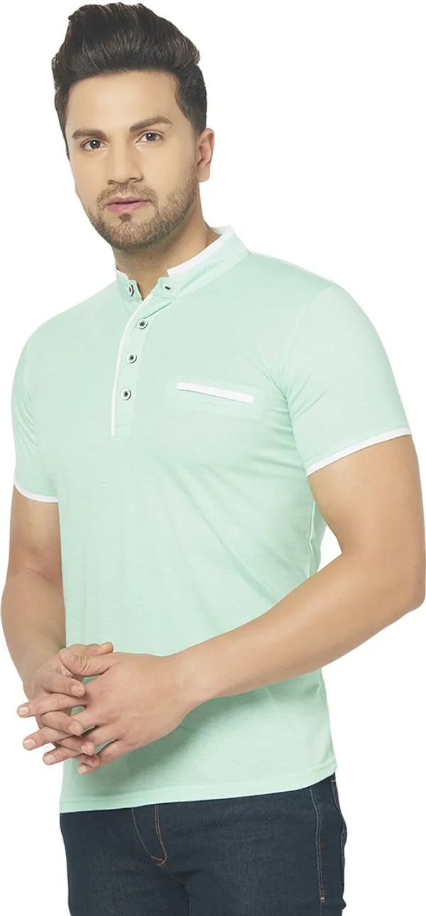 Light_Green_Cotton_Solid_Mandarin_Collar_Regukar_Fit_T-Shirt_For_Men