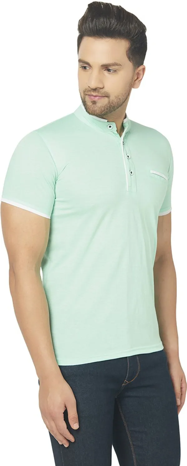Light_Green_Cotton_Solid_Mandarin_Collar_Regukar_Fit_T-Shirt_For_Men