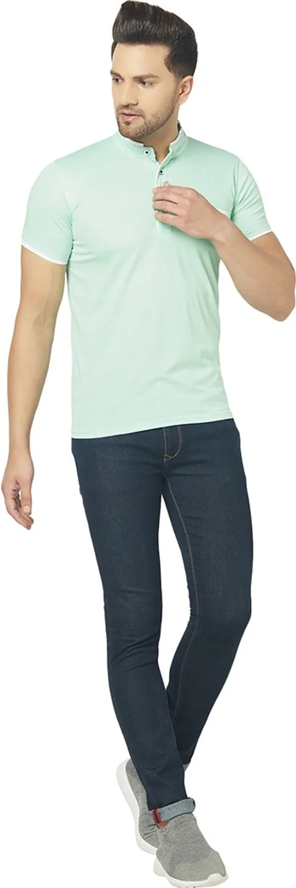 Light_Green_Cotton_Solid_Mandarin_Collar_Regukar_Fit_T-Shirt_For_Men