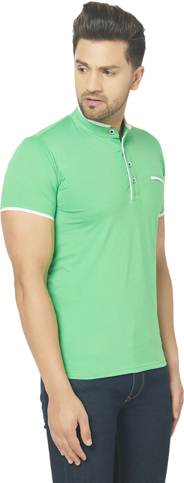 Green_Cotton_Solid_Henley_Neck_Regukar_Fit_T-Shirt_For_Men