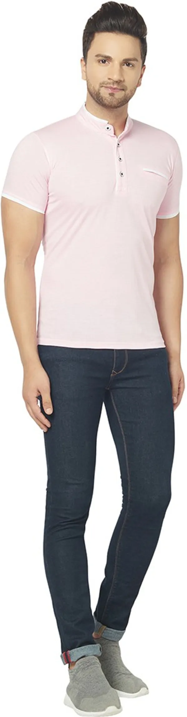 Pink_Cotton_Solid_Henley_Neck_Regukar_Fit_T-Shirt_For_Men