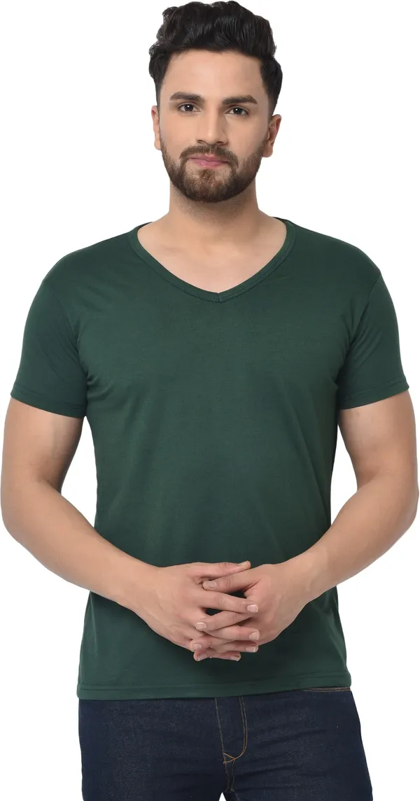Dark_Green_Cotton_Solid_V_Neck_Regukar_Fit_T-Shirt_For_Men