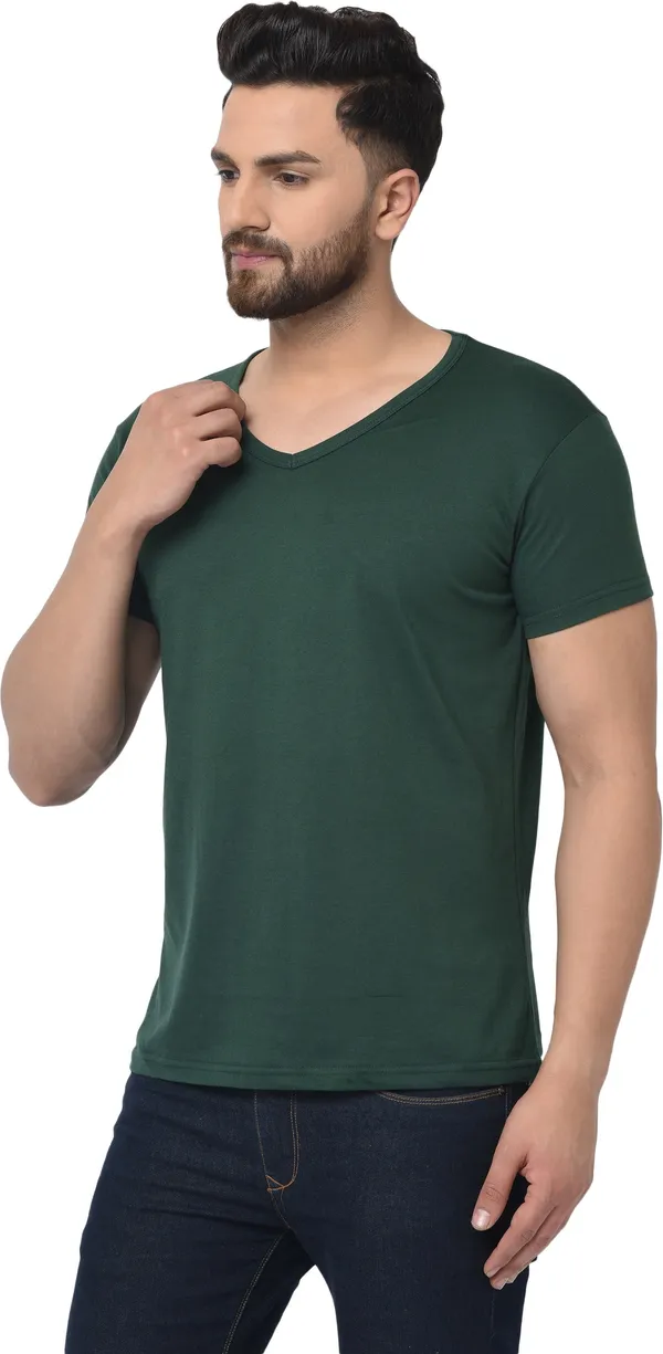 Dark_Green_Cotton_Solid_V_Neck_Regukar_Fit_T-Shirt_For_Men