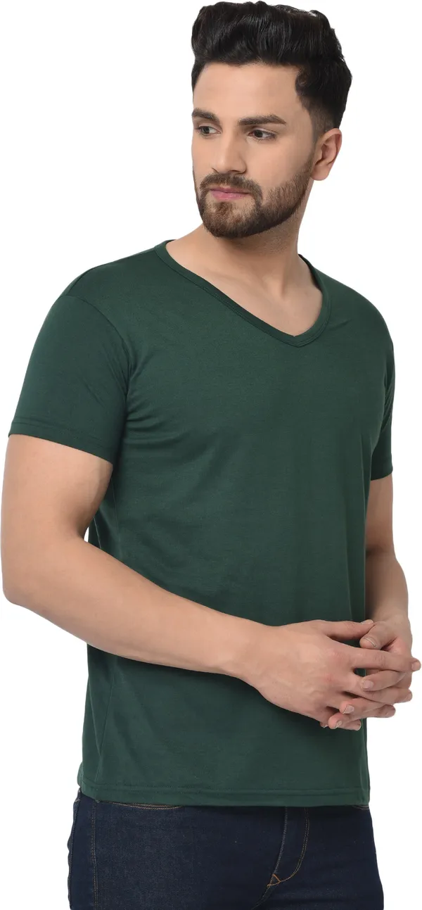 Dark_Green_Cotton_Solid_V_Neck_Regukar_Fit_T-Shirt_For_Men