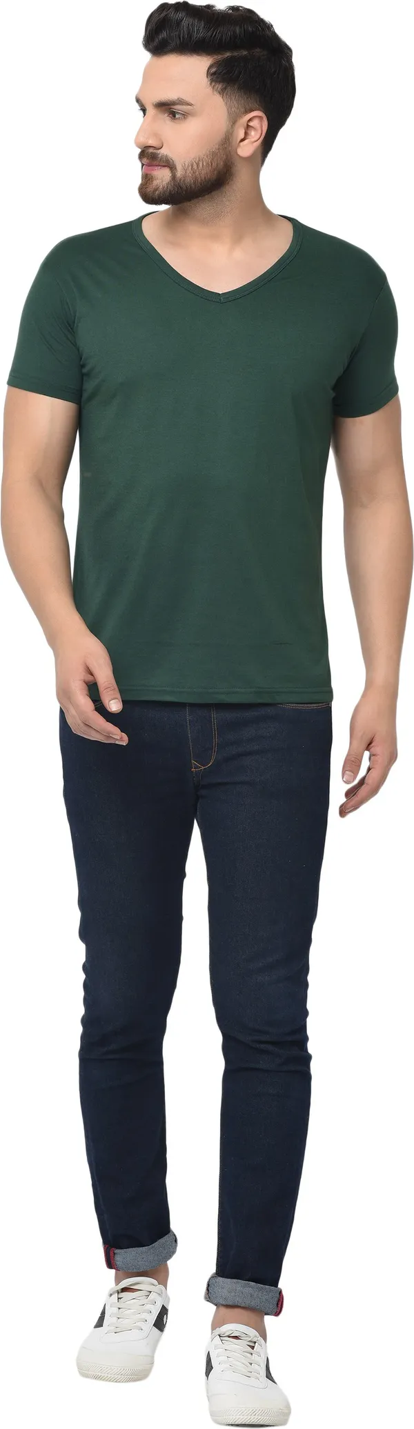Dark_Green_Cotton_Solid_V_Neck_Regukar_Fit_T-Shirt_For_Men