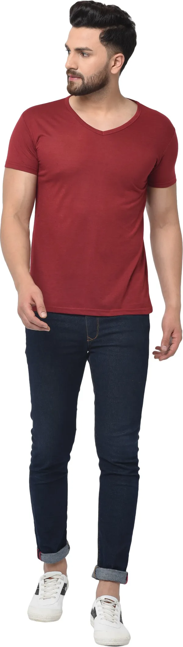 Maroon_Cotton_Solid_V_Neck_Regukar_Fit_T-Shirt_For_Men