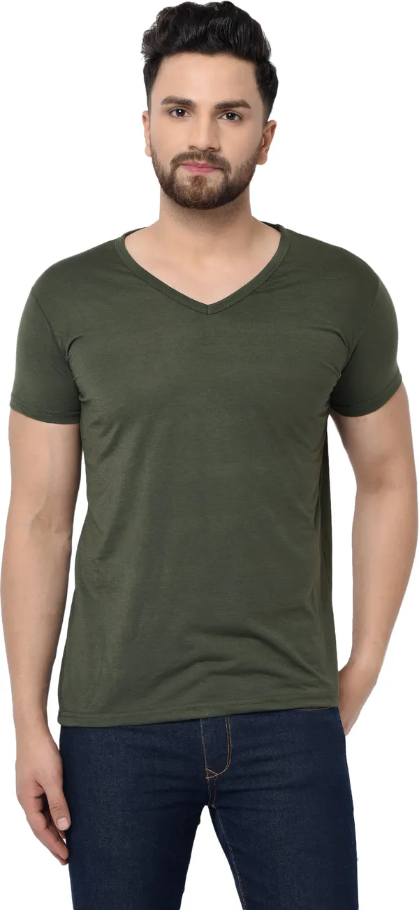 Dark_Green_Cotton_Solid_V_Neck_Regukar_Fit_T-Shirt_For_Men