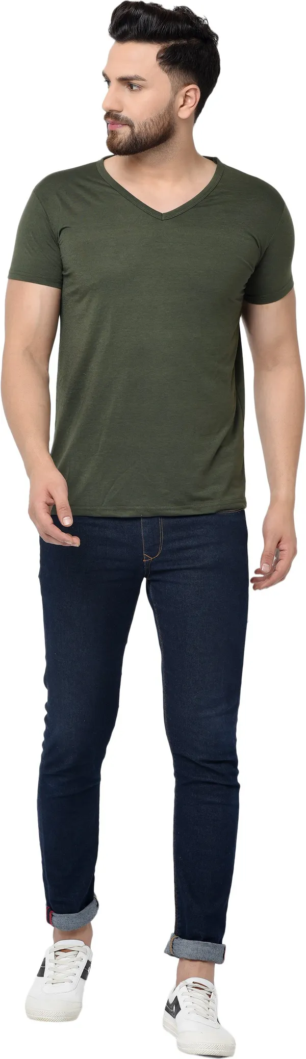 Dark_Green_Cotton_Solid_V_Neck_Regukar_Fit_T-Shirt_For_Men