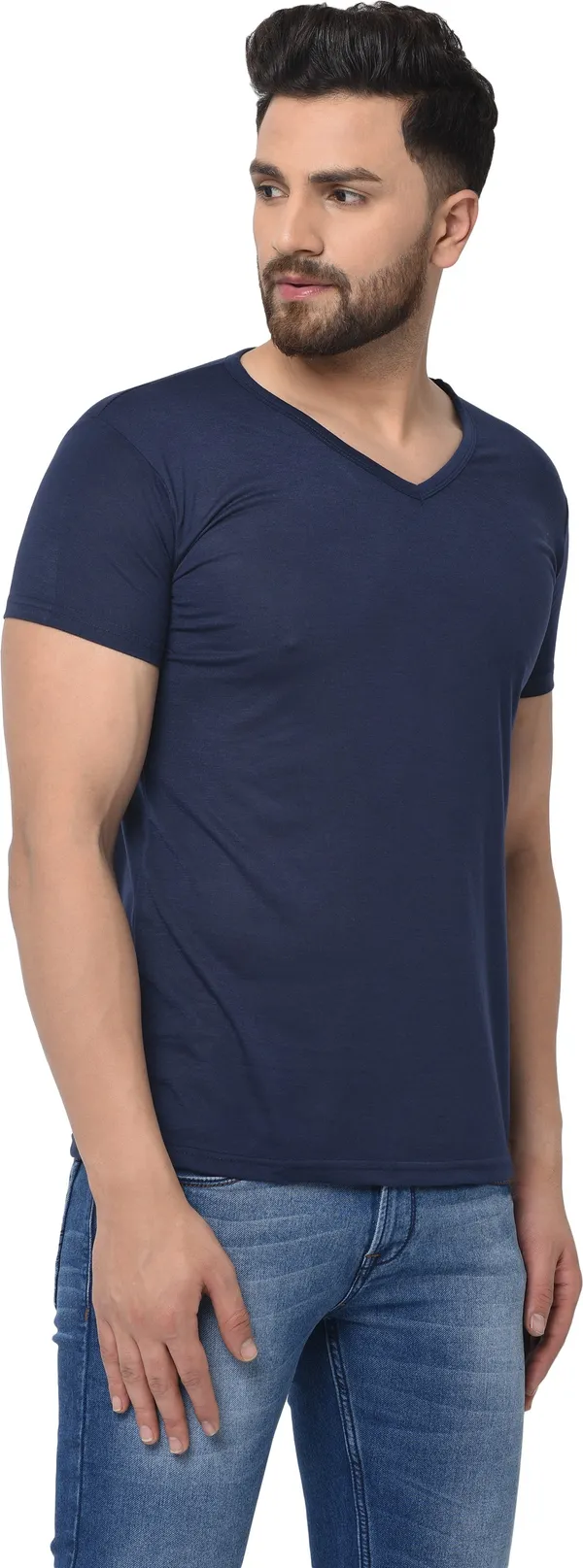 Dark_Blue_Cotton_Solid_V_Neck_Regukar_Fit_T-Shirt_For_Men