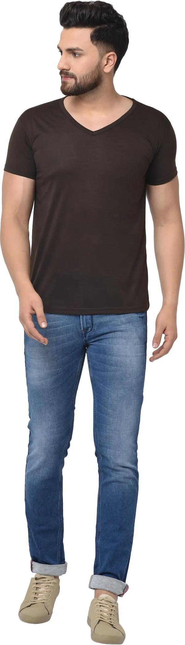 Brown_Cotton_Solid_V_Neck_Regukar_Fit_T-Shirt_for_men