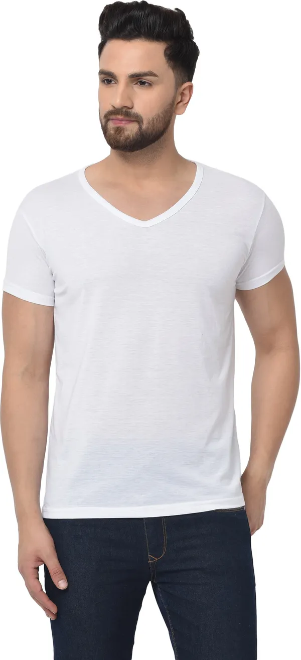 White_Cotton_Solid_V_Neck_Regukar_Fit_T-Shirt_For_Men