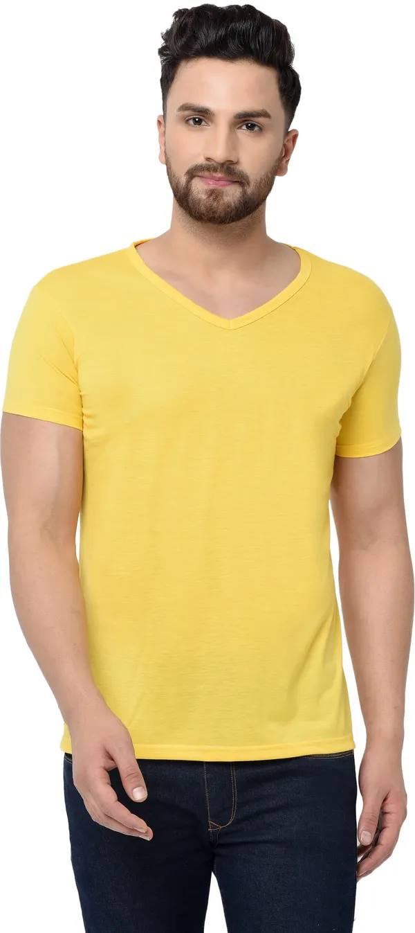 Yellow_Cotton_Solid_Men_V_Neck_Regukar_Fit_T-Shirt_For_Men