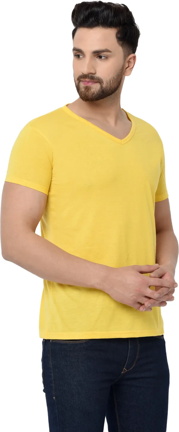 Yellow_Cotton_Solid_Men_V_Neck_Regukar_Fit_T-Shirt_For_Men