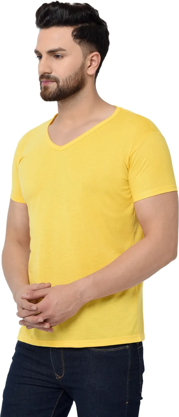 Yellow_Cotton_Solid_Men_V_Neck_Regukar_Fit_T-Shirt_For_Men