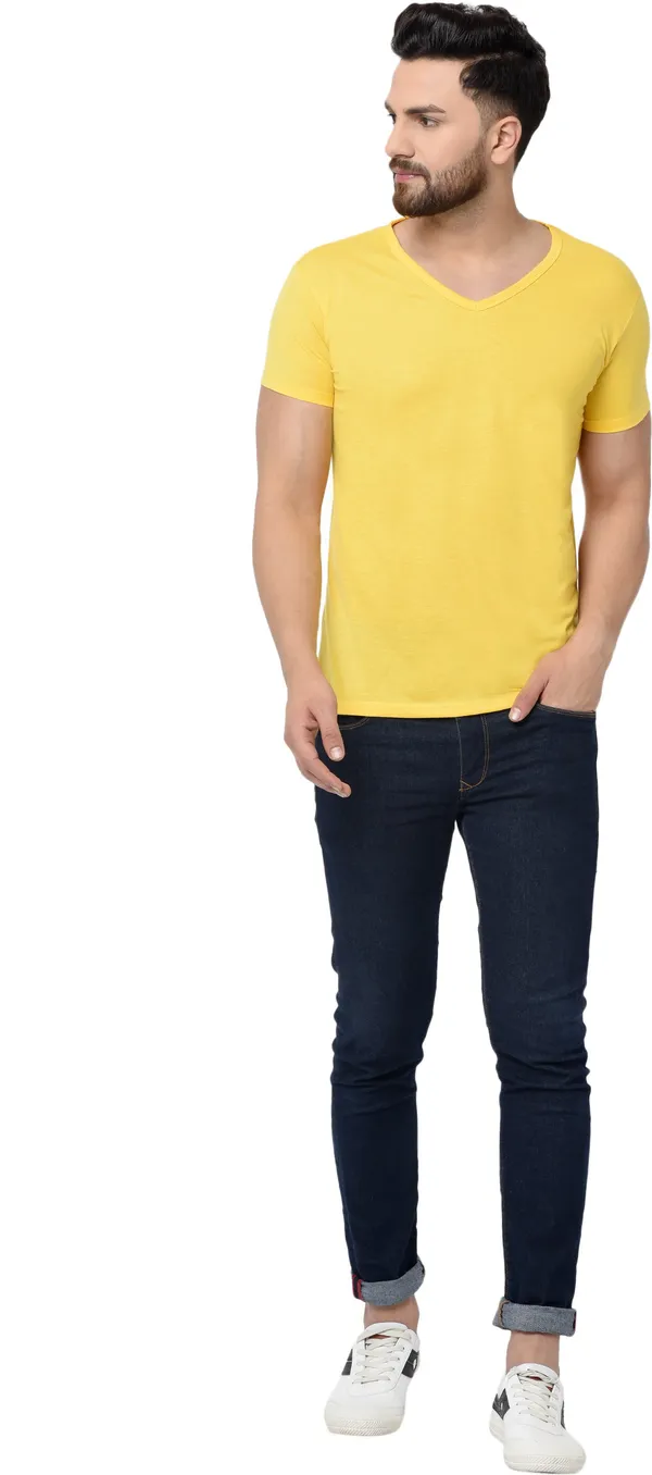 Yellow_Cotton_Solid_Men_V_Neck_Regukar_Fit_T-Shirt_For_Men