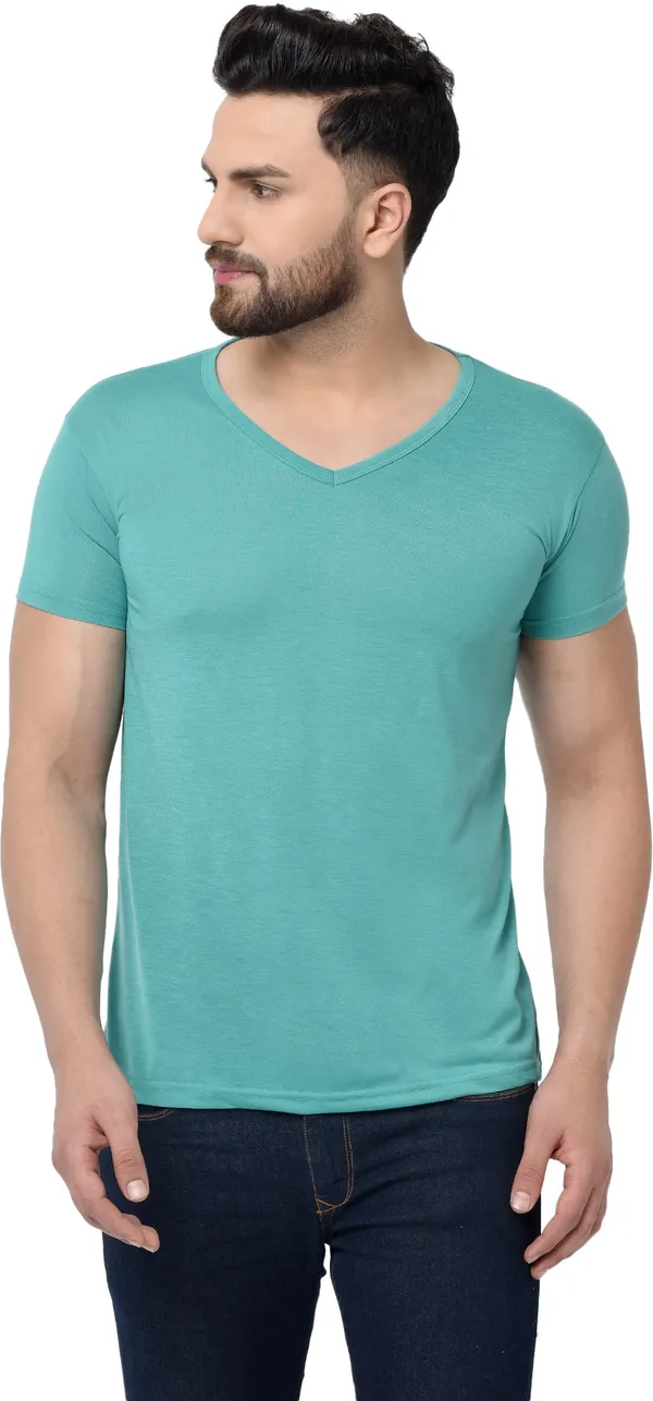 Light_Green_Cotton_Solid_V_Neck_Regukar_Fit_T-Shirt_For_Men