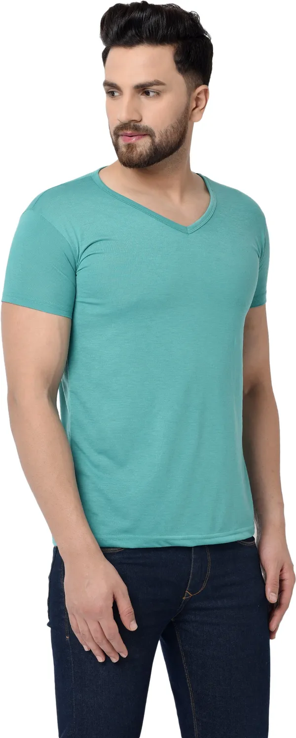 Light_Green_Cotton_Solid_V_Neck_Regukar_Fit_T-Shirt_For_Men