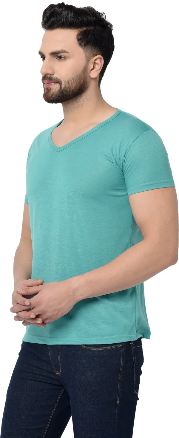 Light_Green_Cotton_Solid_V_Neck_Regukar_Fit_T-Shirt_For_Men