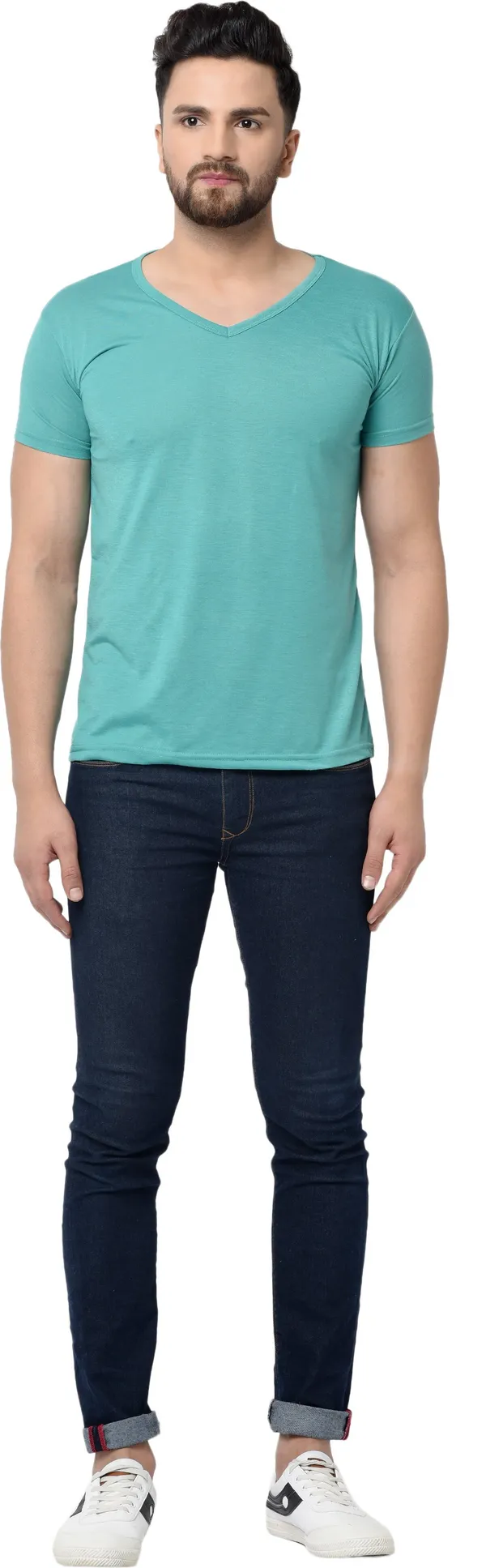 Light_Green_Cotton_Solid_V_Neck_Regukar_Fit_T-Shirt_For_Men