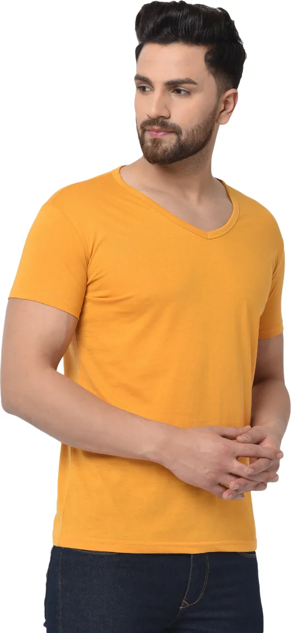 Yellow_Cotton_Solid_V_Neck_Regukar_Fit_T-Shirt_For_Men