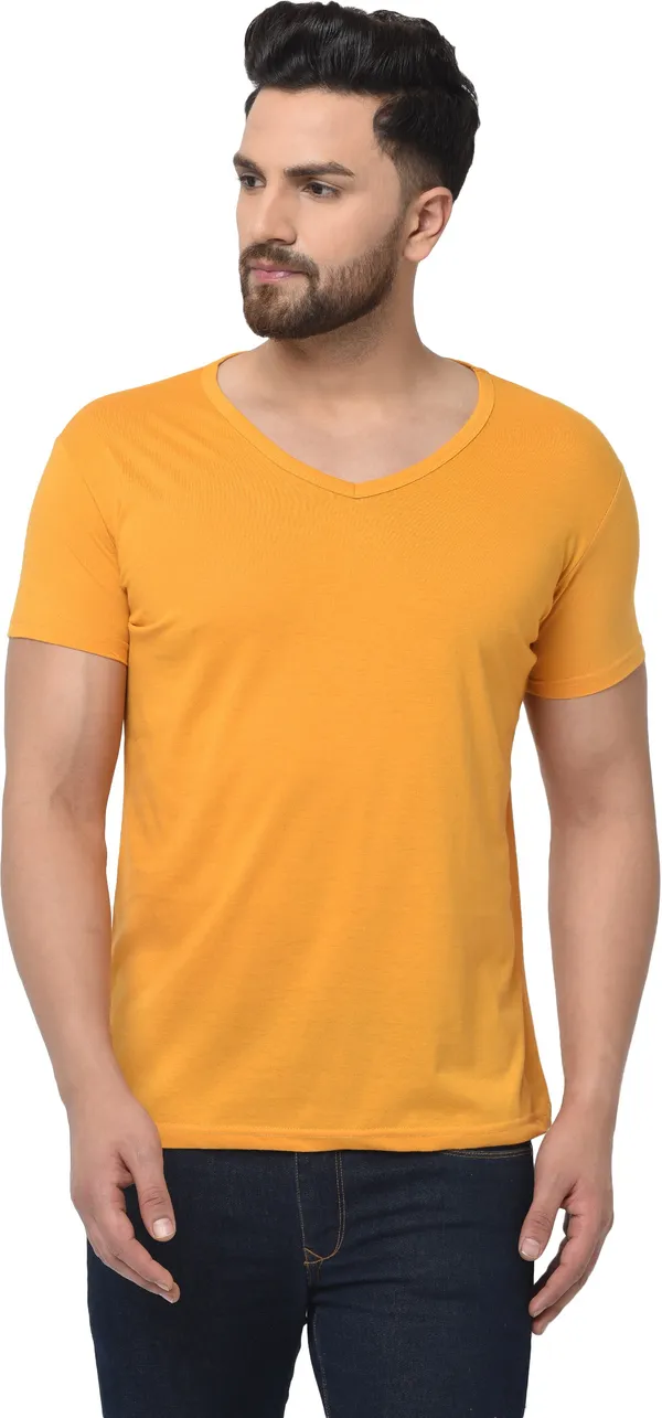 Yellow_Cotton_Solid_V_Neck_Regukar_Fit_T-Shirt_For_Men