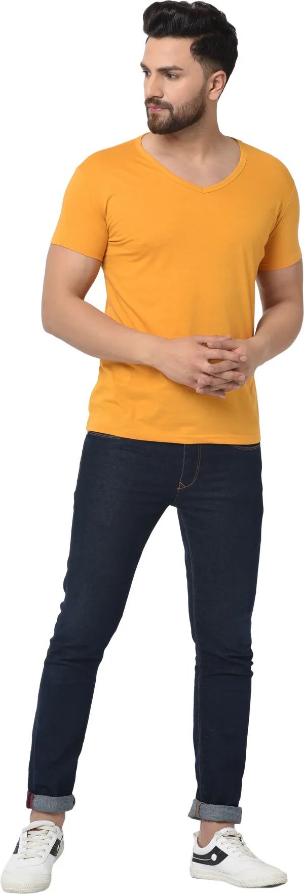 Yellow_Cotton_Solid_V_Neck_Regukar_Fit_T-Shirt_For_Men
