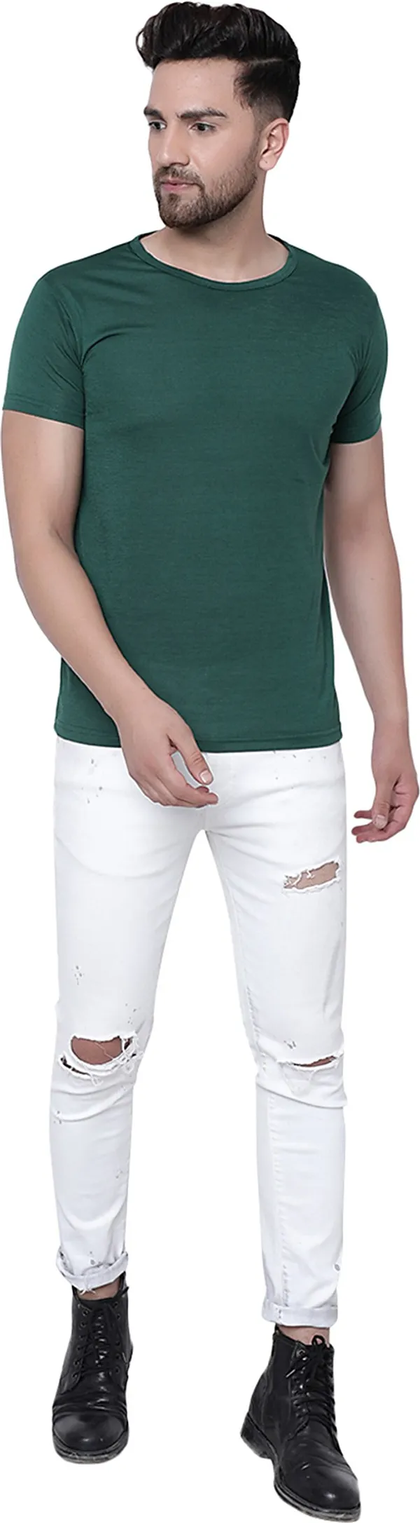 Dark_Green_Cotton_Solid_Round_Neck_Regukar_Fit_T-Shirt_For_Men