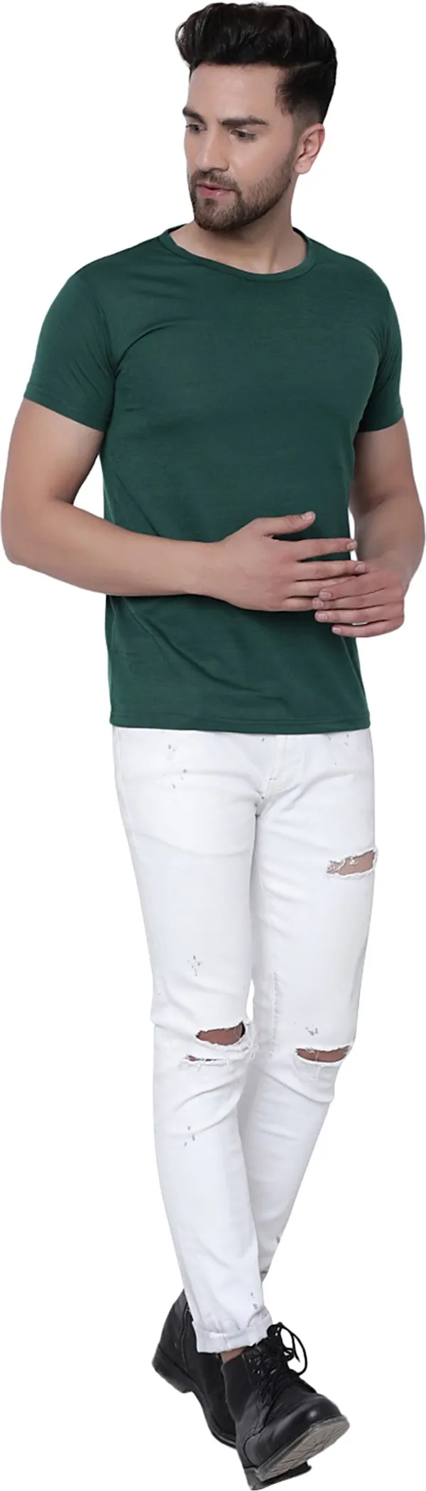 Dark_Green_Cotton_Solid_Round_Neck_Regukar_Fit_T-Shirt_For_Men