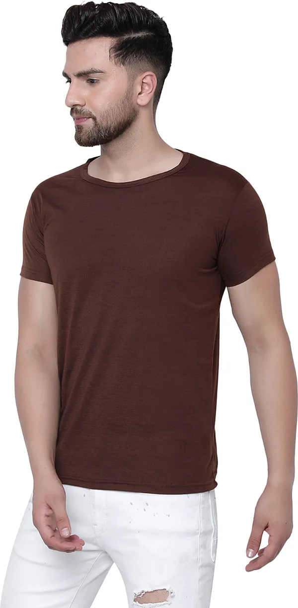 Brown_Cotton_Solid_Round_Neck_Regukar_Fit_T-Shirt_For_Men