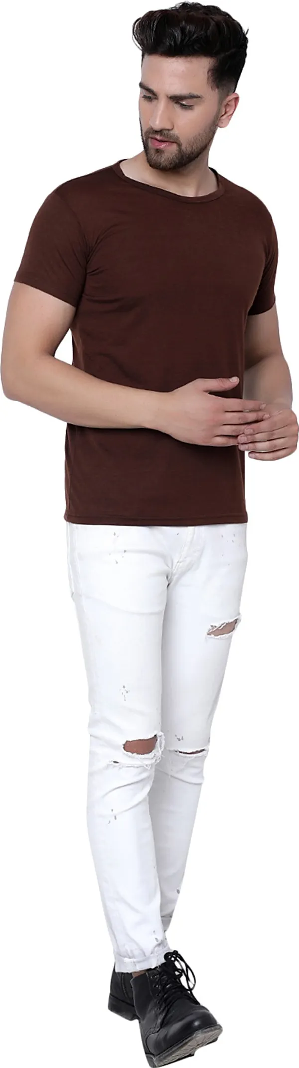 Brown_Cotton_Solid_Round_Neck_Regukar_Fit_T-Shirt_For_Men