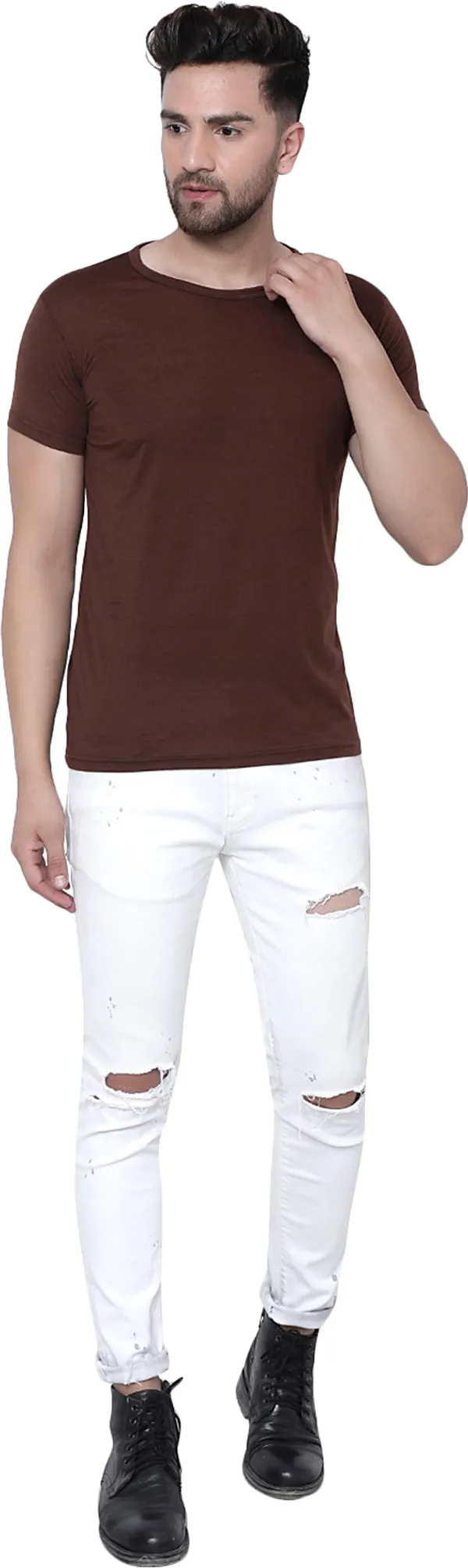 Brown_Cotton_Solid_Round_Neck_Regukar_Fit_T-Shirt_For_Men