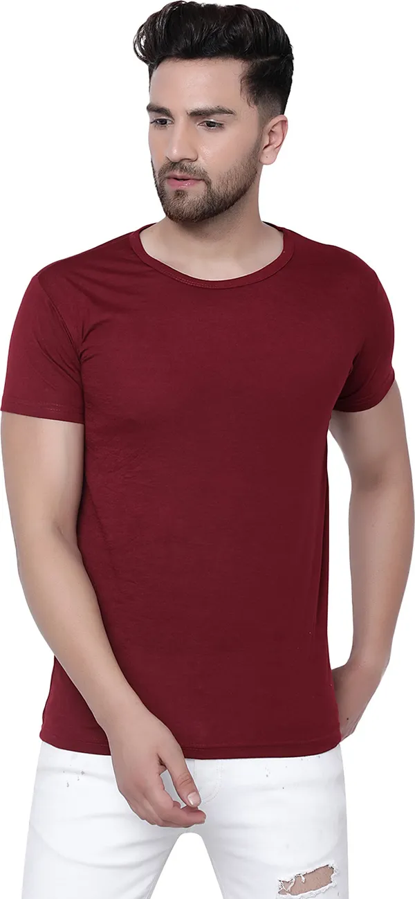 Maroon_Cotton_Solid_Round_Neck_Regukar_Fit_T-Shirt_For_Men
