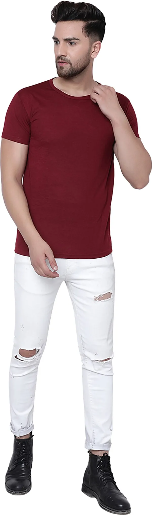 Maroon_Cotton_Solid_Round_Neck_Regukar_Fit_T-Shirt_For_Men